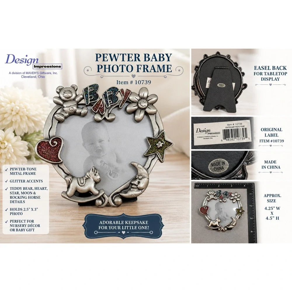 Design Impressions Pewter Baby Photo Frame Heart Teddy Bear Rocking Horse 10739
